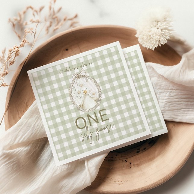 Silly Goose 1st Birthday Green Gingham Napkins (Creator Uploaded)