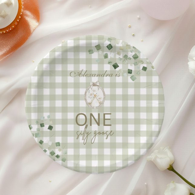 Silly Goose 1st Birthday Green Gingham Paper Plates (Creator Uploaded)