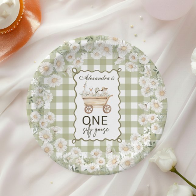 Silly Goose 1st Birthday Green Gingham Paper Plates (Creator Uploaded)