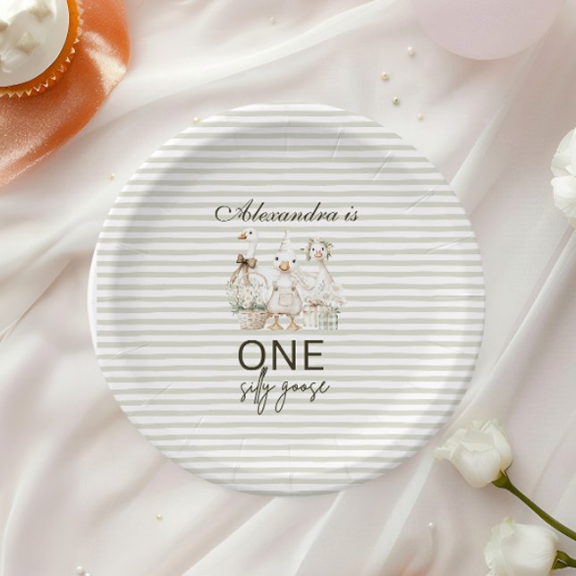 Silly Goose 1st Birthday Green Stripes  Paper Plates (Creator Uploaded)