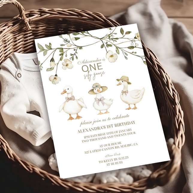 Silly Goose 1st Birthday Neutral Floral  Invitation (Creator Uploaded)
