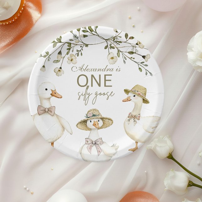 Silly Goose 1st Birthday Neutral Floral  Paper Plates (Creator Uploaded)