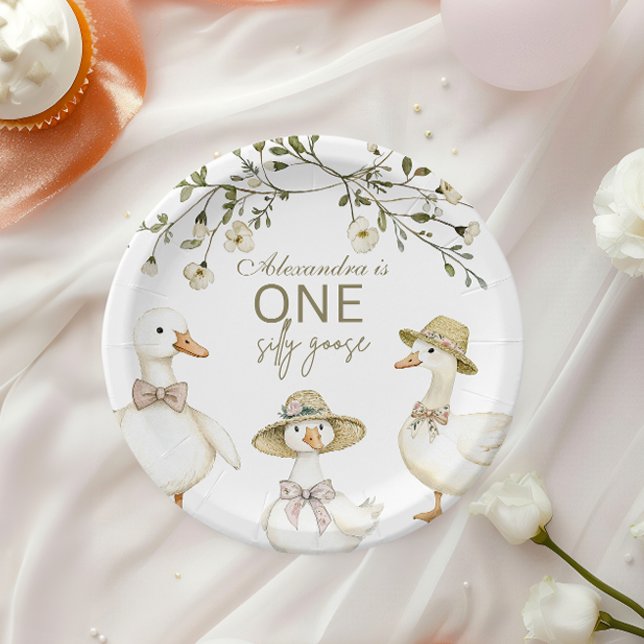 Silly Goose 1st Birthday Neutral Floral  Paper Plates (Creator Uploaded)