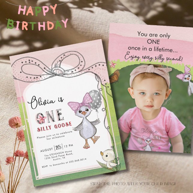 Silly Goose 1st Birthday Pink Bow Photo Invitation (Silly Goose 1st Birthday Pink Bow Photo Invitation)