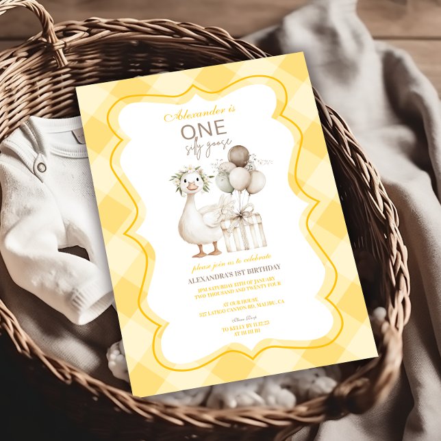 Silly Goose 1st Birthday Yellow Gingham Invitation (Creator Uploaded)