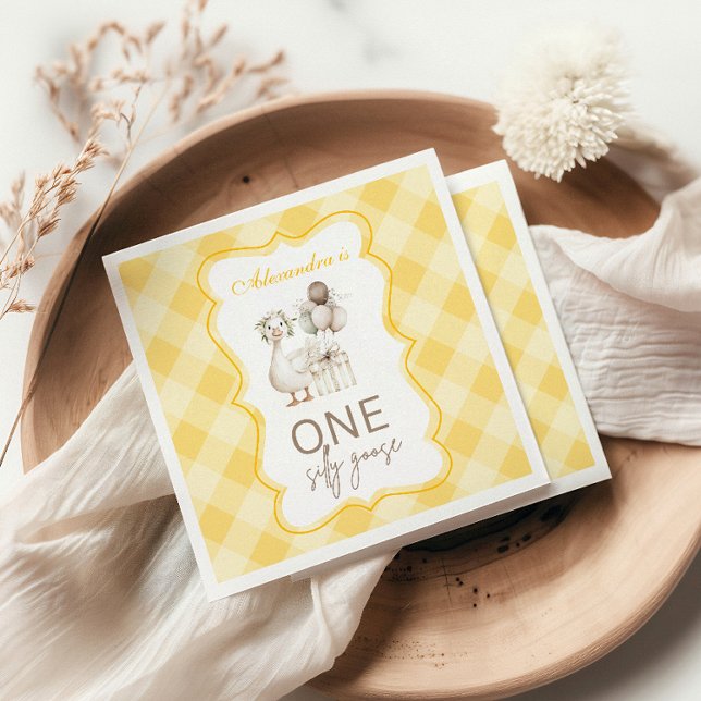 Silly Goose 1st Birthday Yellow Gingham Napkins (Creator Uploaded)