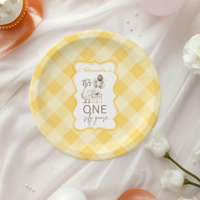 Silly Goose 1st Birthday Yellow Gingham Paper Plates (Creator Uploaded)