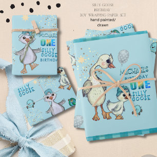 Silly Goose 1st Boy Birthday Wrapping Paper Set