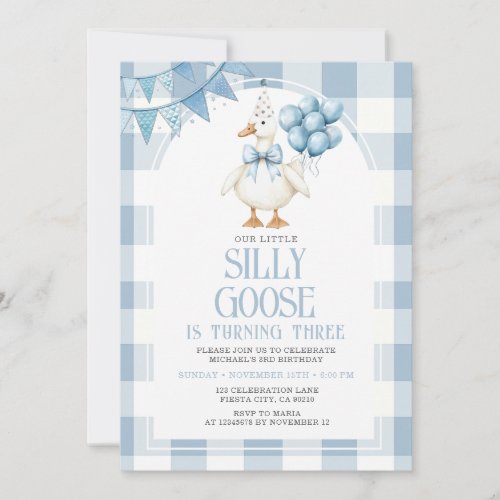 Silly Goose 3rd Birthday Blue Bow Gingham Balloon 