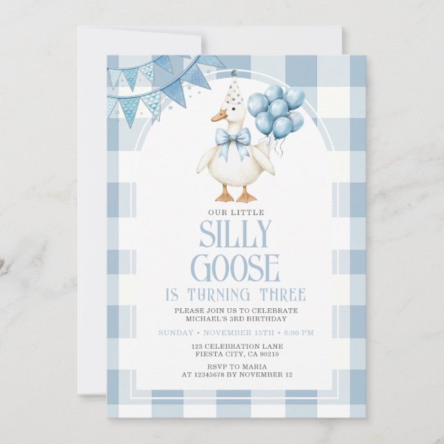 Silly Goose 3rd Birthday Blue Bow Gingham Balloon  Invitation (Front)
