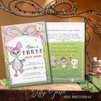 Silly Goose 3rd Birthday Girl Pink Bow Garden Invitation