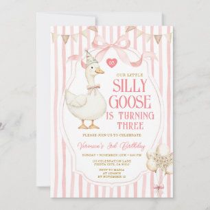 Silly Goose 3rd Birthday Pink Bow Stripe Balloon  Invitation