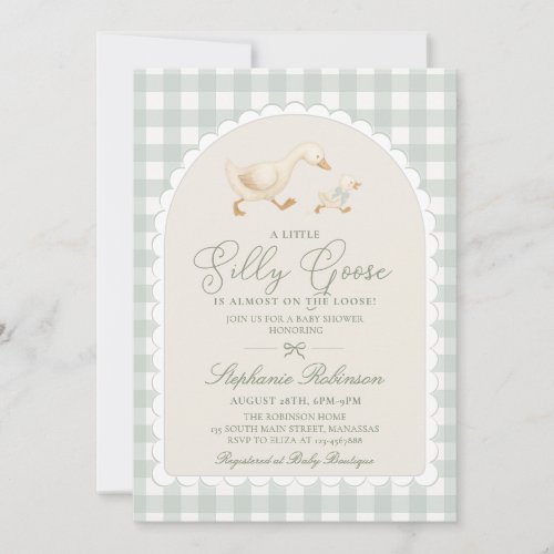 Silly Goose Arch Sage Green Gingham Baby Shower Invitation