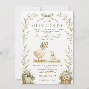 Silly Goose Baby Shower Dusty Green Gingham Floral Invitation