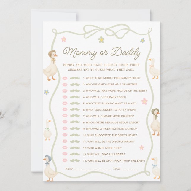 Silly Goose Baby Shower Mommy or Daddy Game Card (Front)