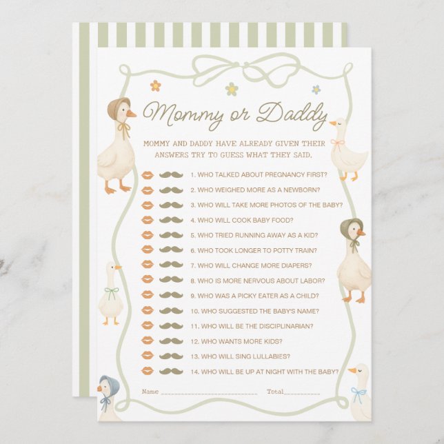 Silly Goose Baby Shower Mommy or Daddy Game Card (Front/Back)
