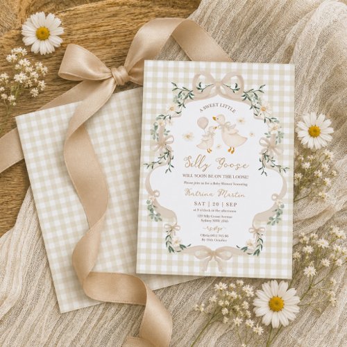 Silly Goose Beige Bow Gingham Neutral Baby Shower Invitation