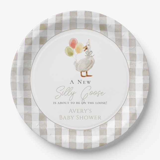 Silly Goose Beige Gingham Baby Shower Paper Plates (Front)