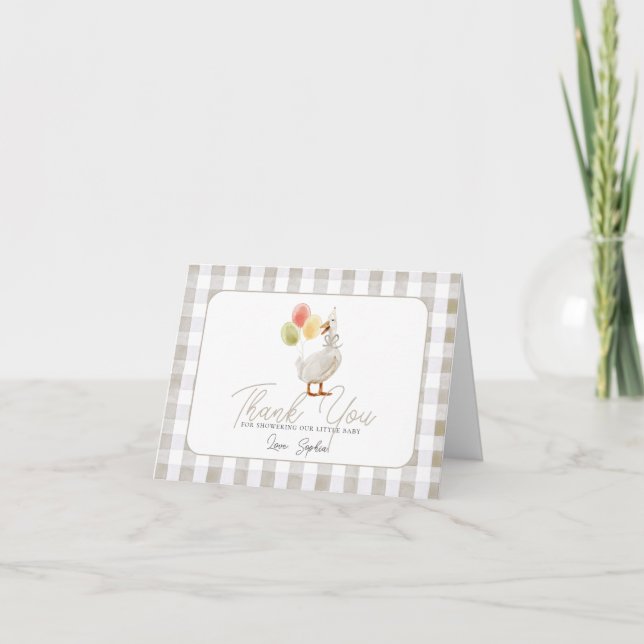 Silly Goose Beige Gingham Baby Shower Thank You Card (Front)