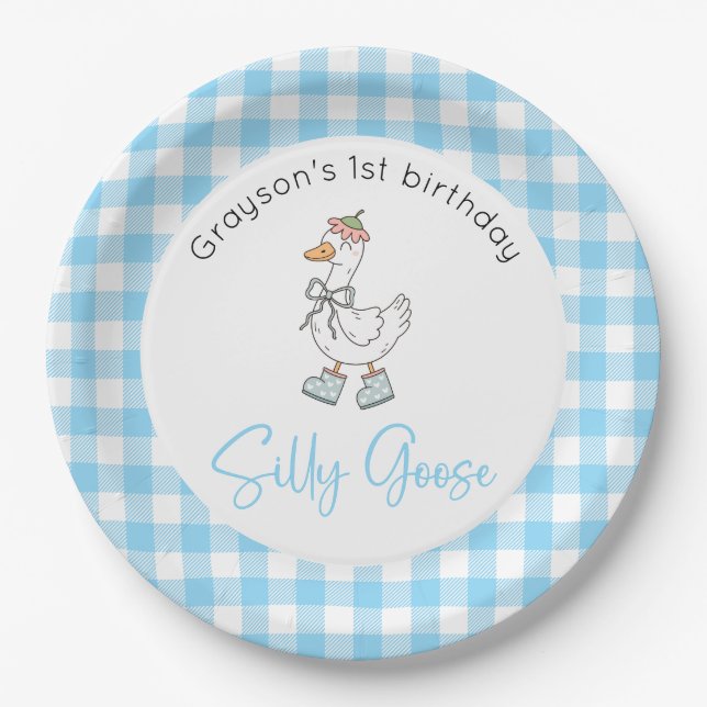 Silly Goose Blue Birthday Paper Plates (Front)