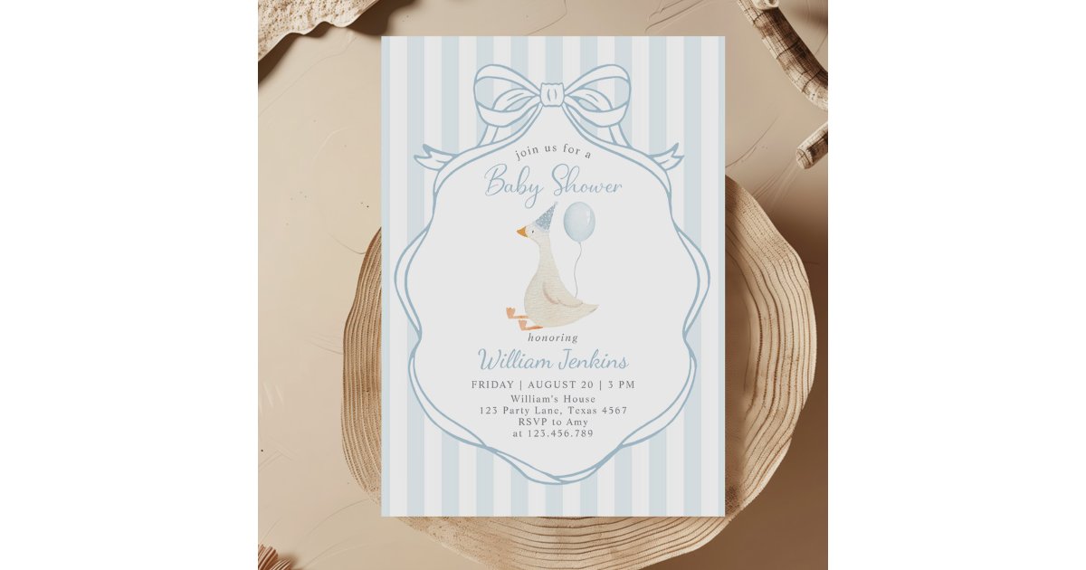 Silly Goose Blue Bow Boy Baby Shower Invitation | Zazzle
