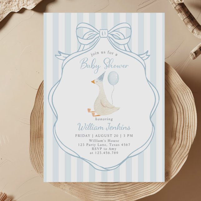 Silly Goose Blue Bow Boy Baby Shower Invitation (Creator Uploaded)