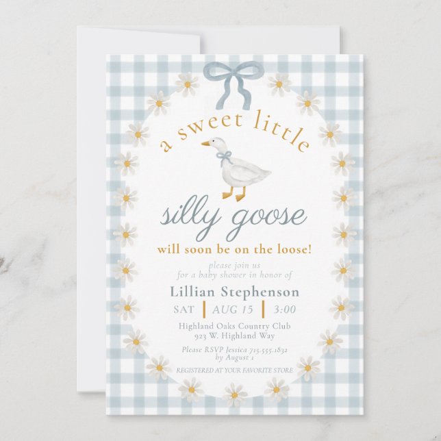Silly Goose Blue Bow Daisy Gingham Baby Shower Invitation (Front)