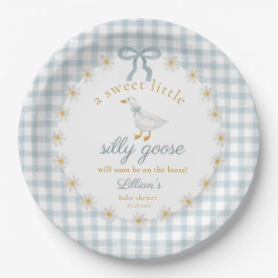 Silly Goose Blue Bow Daisy Gingham Baby Shower Paper Plates
