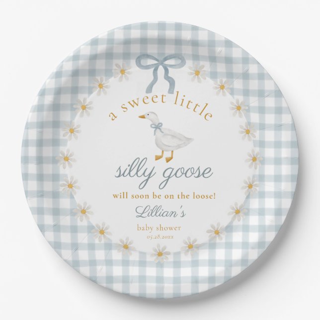 Silly Goose Blue Bow Daisy Gingham Baby Shower Paper Plates (Front)