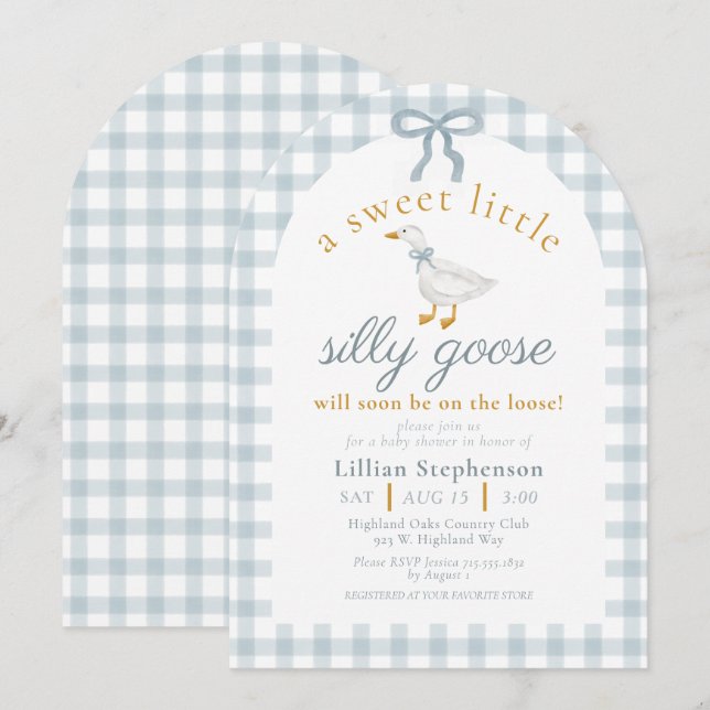 Silly Goose Blue Bow Duck Gingham Baby Shower Arch Invitation (Front/Back)