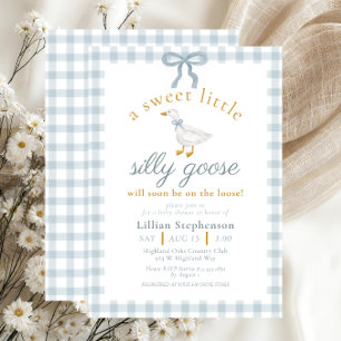 Silly Goose Blue Bow Duck Gingham Baby Shower Invitation