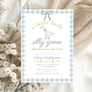 Silly Goose Blue Bow Duck Gingham Baby Shower Invitation