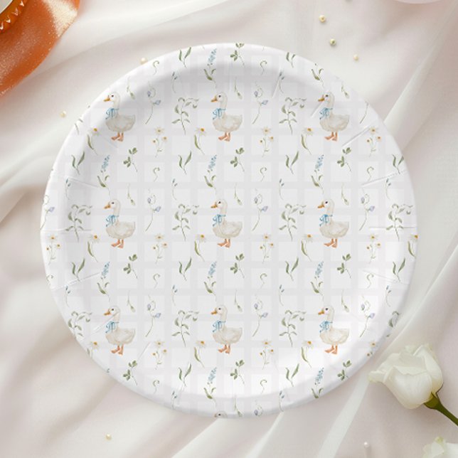 Silly Goose Blue Bow Floral Baby Shower Paper Plates (Creator Uploaded)