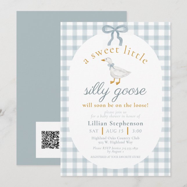 Silly Goose Blue Bow Gingham Baby Shower QR Code Invitation (Front/Back)