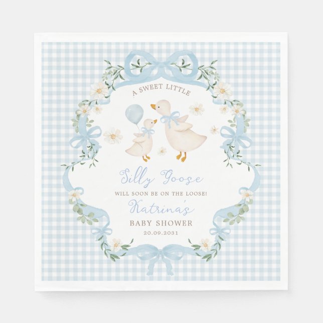 Silly Goose Blue Bow Gingham Boy Baby Shower Napkins (Front)