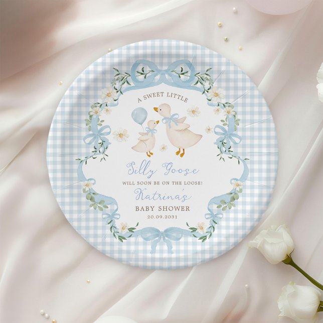 Silly Goose Blue Bow Gingham Boy Baby Shower Paper Plates (Creator Uploaded)