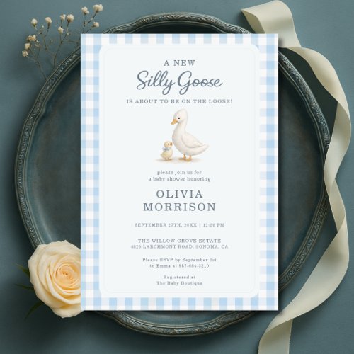 Silly Goose Blue Boy Gingham Baby Shower Invitation