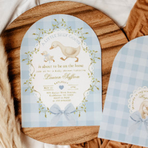 Silly Goose Blue Gingham Baby Boy Shower Invitation