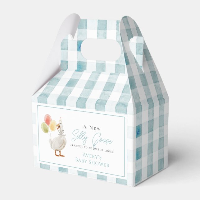 Silly Goose Blue Gingham Baby Shower Favor Boxes (Front Side)
