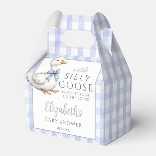 Silly Goose Blue Gingham Baby Shower Favor Boxes (Front Side)