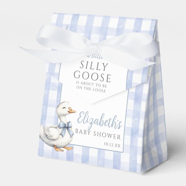 Silly Goose Blue Gingham Baby Shower Favor Boxes (Front Side)