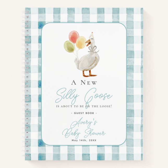 Silly Goose Blue Gingham Baby Shower Guest Book (Front)