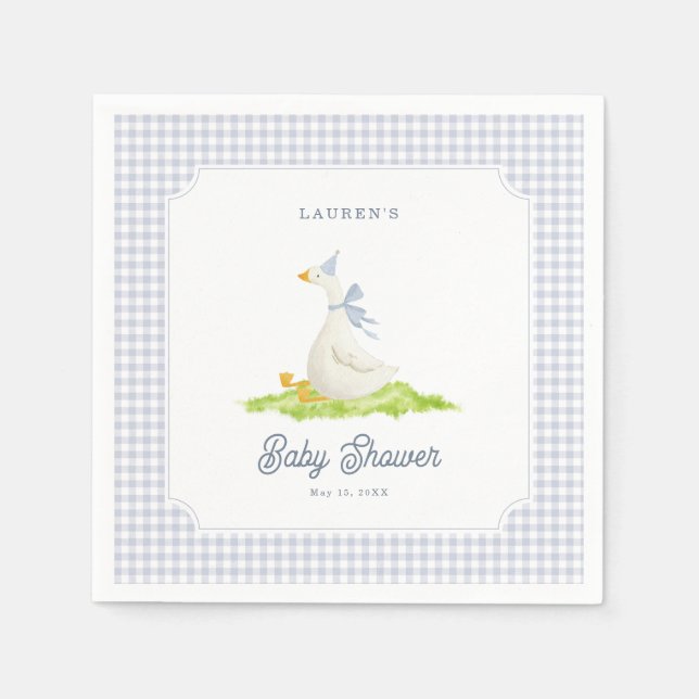 Silly Goose Blue Gingham Baby Shower Napkins (Front)
