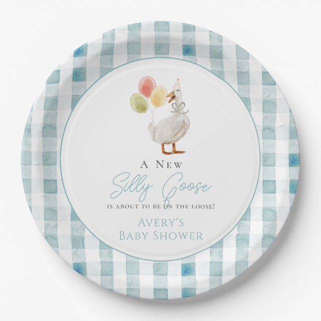 Silly Goose Blue Gingham Baby Shower Paper Plates (Front)