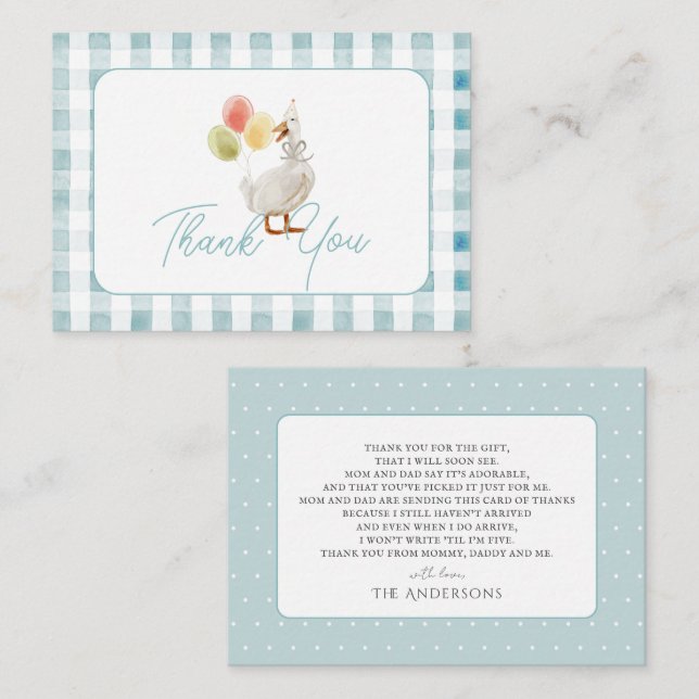 Silly Goose Blue Gingham Baby Shower Thank You Note Card (Front/Back)