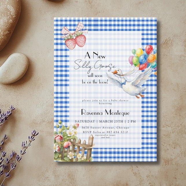 Silly Goose Blue Gingham Balloons Baby Shower Invitation (Creator Uploaded)