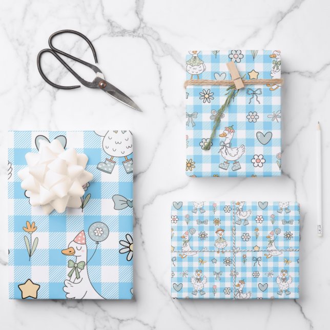 Silly Goose Blue Gingham Birthday Wrapping Paper Sheets (Front)