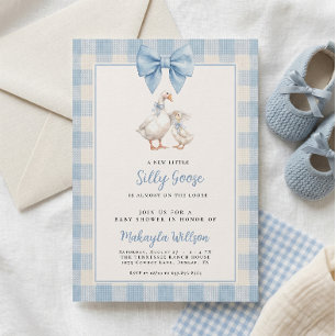 Silly Goose Blue Gingham Bow Baby Shower Invitation