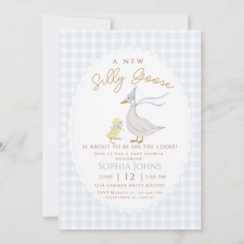 Silly Goose Blue Gingham Bow Duck Boy Baby Shower 