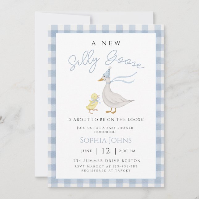 Silly Goose Blue Gingham Bow Duck Boy Baby Shower  Invitation (Front)